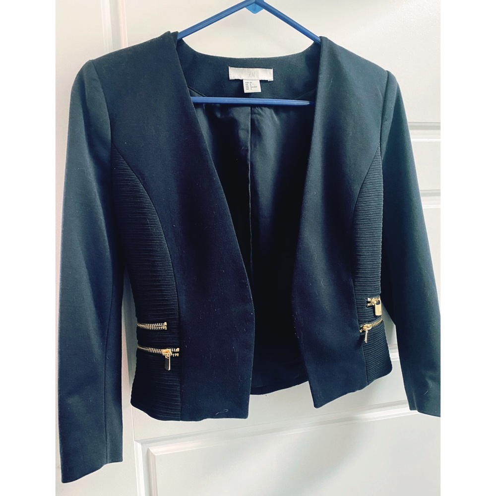 H&M Black Open Blazer Gold Zippers Size 6 Medium